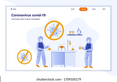 Coronavirus covid-19 flat landing page. Epidemiologist in hazmat suit work in lab. Covid-19 pandemic vector illustration. Laboratory research and vaccine development. Coronavirus prevention and safety