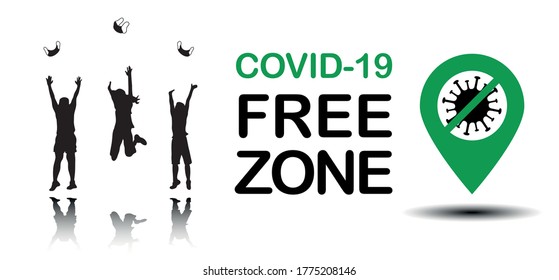 Coronavirus covid-19 free zone, area. Disease free zone sign, symbol. People celebrating without mask. End of coronavirus pandemic. Vector illustration for templates, banners, stickers, posters.