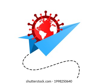 Coronavirus, COVID-19, global pandemic and travel, traveling, holiday, vacation concept. Globe, planet Earth, virus and paper plane symbol.