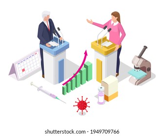 Coronavirus Covid-19 global vaccination political debates, flat vector isometric illustration. Immunization campaign. Vaccine politics.