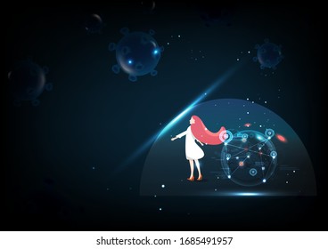 Coronavirus COVID-19 glowing futuristic technology flat design, scientist and doctor prevent and protection virus particles spreading background vector illustration