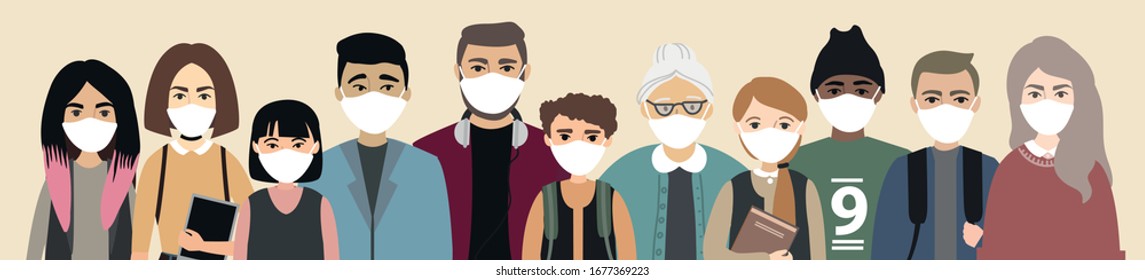 Coronavirus COVID-19. Group of 
different nationality and age people with masks on horizontal banner. Pneumonia disease. vector stock illustration about the epidemic.