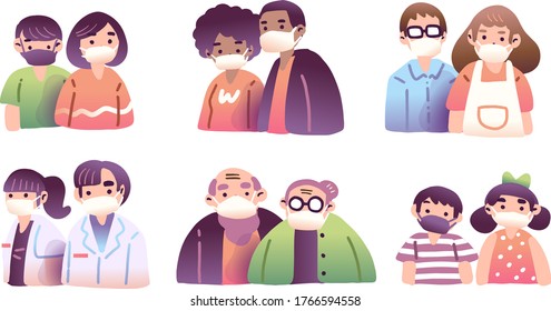 Coronavirus, COVID-19. Group Of People In Various Ethnic Group And Age With White And Black Face Mask. Vector Cartoon Illustration