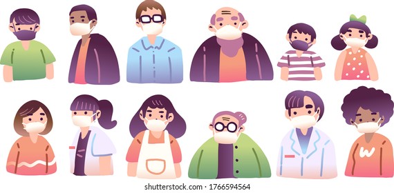 Coronavirus, COVID-19. Group of people in various ethnic group and age with white and black face mask. Vector cartoon illustration