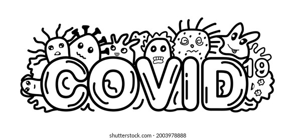 Coronavirus Covid-19 hand drawn illustration, doodles cute cartoon virus vector. 