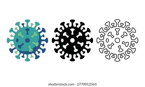 Coronavirus or COVID-19 icon in flat, glyph, and line style set, representing global pandemic, virus spread, and medical emergency.