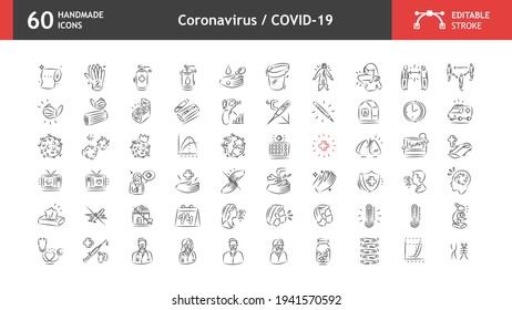 Iconos de Coronavirus y COVID-19 multipropósito, jabón de mano, gel de clorhidrato, lavado de manos, etc. Imágenes de vector, hechas a mano, con trazo editable. Listo para ser utilizado en cualquier proyecto de diseño.