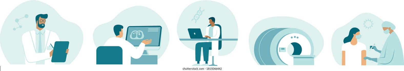 Coronavirus COVID-19 Illustration Set. Vaccine discovery. Medical Research Team. Damaged Lungs On Screen Computer Tomography. Flat Vector Illustration