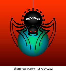 Coronavirus Covid-19 in the image of a giant black spider attacking the globe. Stop coronavirus! 2019-nCov