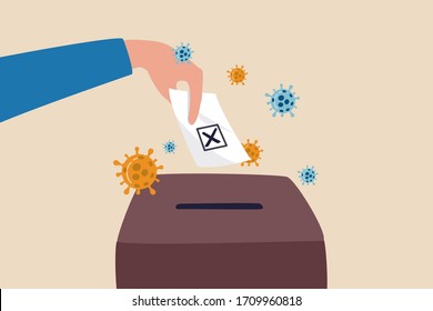 Coronavirus COVID-19 impact presidential election, politician campaign due to pandemic disease concept, hand with blue shirt holding election voting card inserting to the box, virus pathogen around.  