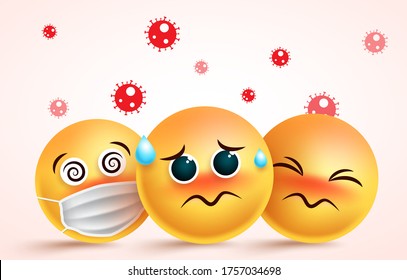 Coronavirus covid-19 infected vector concept. Emoji corona-virus covid19 disease infected in sick, dizzy and sad facial expressions in red background. Vector illustration.  