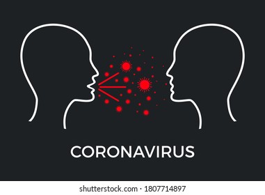 Coronavirus Covid-19 infection concept. Two heads one infected spreading virus. respiratory droplet. Flat vector illustration