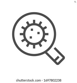 Coronavirus (covid-19) infection diagnostics, scan, check and testing concept icon. Consist of cell biology of coronavirus infection or cellular biology inside magnifying glass. 48x48 pixel icon.