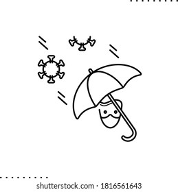 Coronavirus, infección covid-19 cayendo sobre el paraguas, icono del vector de propagación en contornos