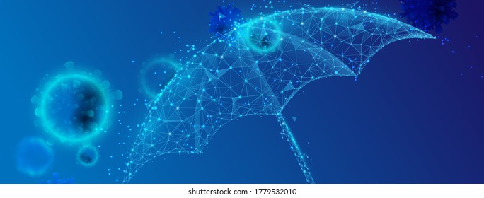 Coronavirus COVID-19, Influenza Virus Cells Floating on the Umbrella. Umbrella Protects Virus. Concept of Protection. Low Poly and Wireframe Design. Vector Illustration