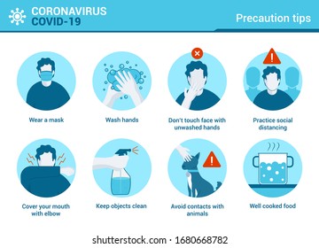 Coronavirus Covid-19 infographic. Coronovirus alert. Virus Precaution tips. Vector illustration