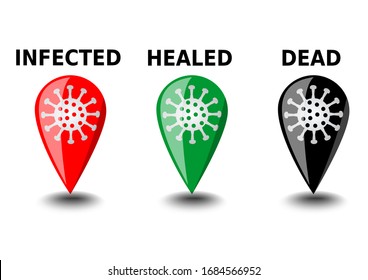 Coronavirus covid-19 infographic icons, the location and status of the pandemic, red icon for infected, green icon for healed, black icon for dead, vector icons