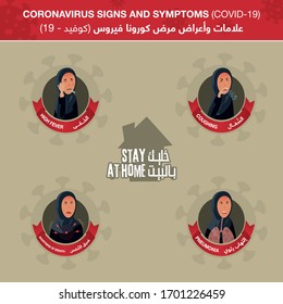 Coronavirus (Covid-19) Infographic showing signs & Symptoms, illustrated sick Arabic Women. Script in arabic means Coronavirus signs and Symptoms: Coughing, high fever, pneumonia, shortness of breath