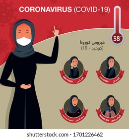 Coronavirus (Covid-19) Infographic showing signs & Symptoms, illustrated sick Arabic Women. Script in arabic means Coronavirus signs and Symptoms: Coughing, high fever, pneumonia, shortness of breath