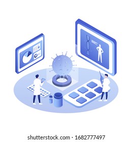 Coronavirus COVID-19 isolated in glass square, isometric online medical diagnostics and doctors workplace with icons x-ray patient medical record prescriptions isolated illustration.