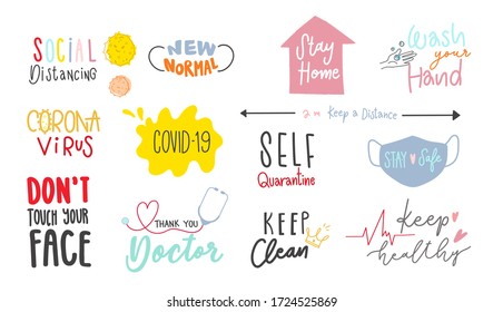 CoronaVirus Covid-19 letterings doodle banner and sticker design banner. social distancing, Stay home, Thank you doctor, Keep healthy vector illustration.