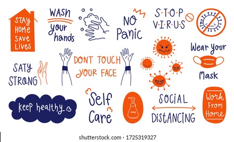 CoronaVirus Covid-19 letterings doodle banner and sticker design banner. social distancing, Stay home, Thank you doctor, Keep healthy vector illustration.