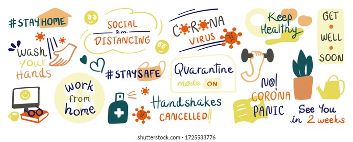 CoronaVirus Covid-19 letterings doodle banner and sticker design banner. social distancing, Stay home, Thank you doctor, Keep healthy vector illustration.