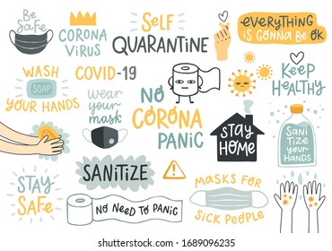 Letras CoronaVirus Covid-19 e outros elementos. Ilustração vetorial.