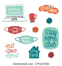 CoronaVirus Covid-19 letterings and other elements. Stay home, Working from home, Wear a mask and others. Cute hand drawn Vector illustration