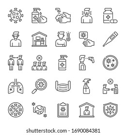 Coronavirus Covid-19 line icon set for infographic, website, mobile, print etc, 2019-nCoV vector illustration of  virus, washing hands, work from home, stay at home, social distancing, pandemic etc