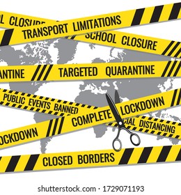 Coronavirus covid-19 lockdown exit strategy, scissors cut restriction stripes above world map. Pandemic measures warning tapes as symbol of exit plan stages, steps. Vector design, isolated on white 