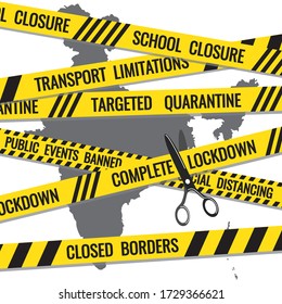 Coronavirus covid-19 lockdown exit strategy, scissors cut restriction stripes above India map. Pandemic measures warning tapes as symbol of exit plan stages, steps. Vector design, isolated on white 