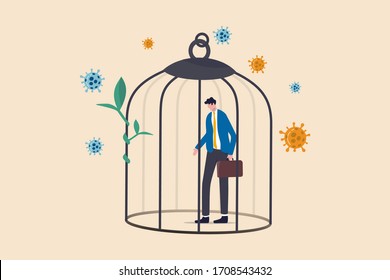 Coronavirus COVID-19 lockdown impact business, economy and employment, self quarantine in Coronavirus crisis concept, sad businessman depress standing in cage with virus pathogen.