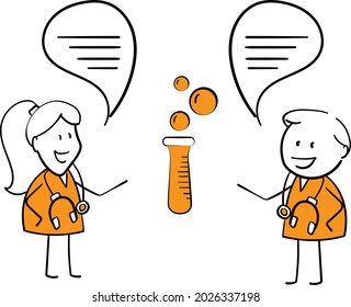 Coronavirus and covid-19. Man and woman  Doctor holding lab tube for health vaccine research. Boy and girl Hand drawn doodle line art cartoon design character. Health care and medicine. Virus help
