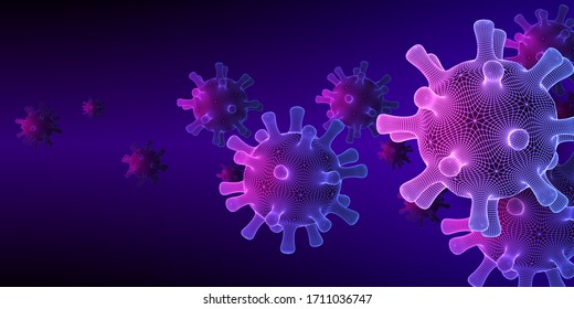 Coronavirus COVID-19 medical background with technology styled schematic grid viruses floating in blue and purple scientific abstraction with copy space