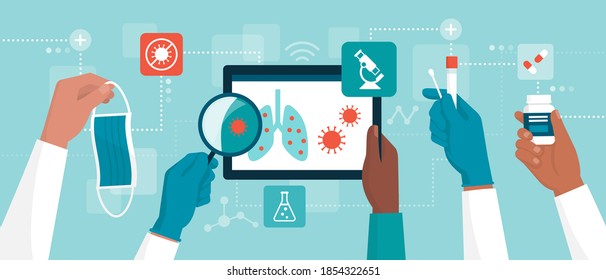 Coronavirus covid-19: medical research and treatment, doctors holding medical equipment and searching for a cure together