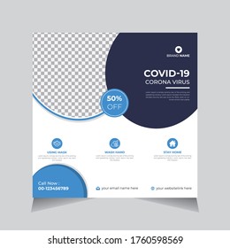 Coronavirus Covid-19, Medical Social Media banner design, stay safe stay home, shape,printing, blue color, presentation and brochure flyer vector illustration