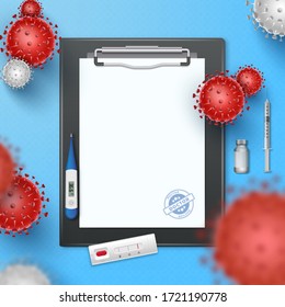 Coronavirus Covid-19 medicine card with empty space for your creativity.  Virus cells, covid rapid test and thermometer on blue background. Vector illustration