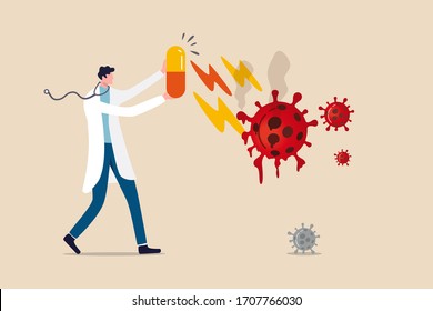 Coronavirus COVID-19 medicine or vaccine discovery, drugs to cure COVID-19 flu concept, doctor holding big tablet medicine or drugs with recovery effect to kill Coronavirus pathogen to melt to death.