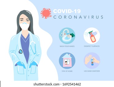 coronavirus covid-19 motivation prevention poster with hand drawing of young nurse in a medical mask and circle symbols, vector illustration - Shutterstock ID 1692541462