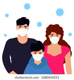 Coronavirus. COVID-19. Novel virus 2019-nCoV. Concept of quarantine, prevent infection. Family. Man, woman and boy are in protective medical face masks.