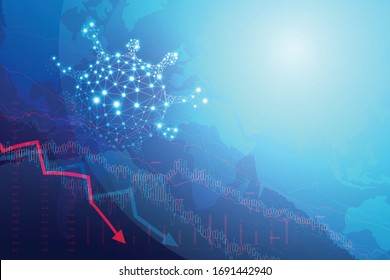 Coronavirus Covid-19 outbreak and business recession concept, wireframe dot and line virus shape stock graph downing, metaphor declining economy and business failure when virus disease, global crisis