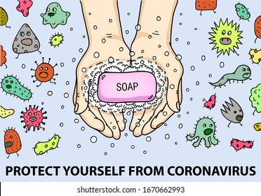 Coronavirus COVID-19 outbreak concept, How to protect yourself from infection, hand washing. Vector cartoon illustration with hands and running away microbes . Poster, banner, flyer. 