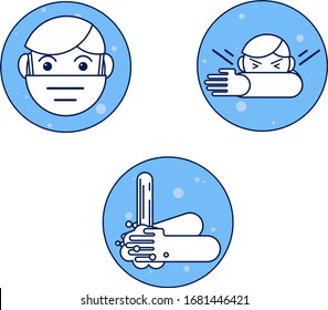 Coronavirus COVID-19 Ausbruch Konzept, Wie Sie sich vor Infektionen schützen, Hand waschen, tragen Sie eine Maske, bedecken Sie Ihre Nase. Vektorillustration, Flachdesign. Abstrakte Infografik-Symptome und