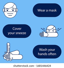 Coronavirus COVID-19 outbreak concept, How to protect yourself from infection, hand washing, wearing a mask, cover your sneeze. Vector illustration, flat design. Abstract infographic symptoms and