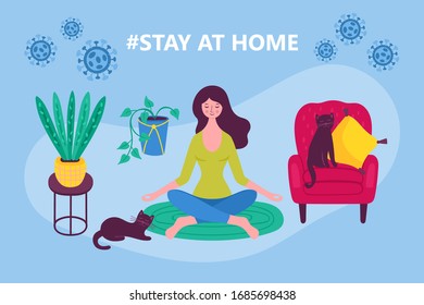 Coronavirus COVID-19 outbreak concept. Stay at home concept with woman meditating. Flat cartoon vector illustration
