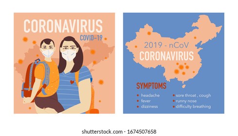 Coronavirus COVID-19 outbreak concept. Coronavirus in World. Novel coronavirus (2019-nCoV), woman and your child in white medical face mask. Be ready for coronavirus. 