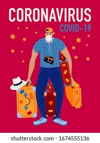 Coronavirus COVID-19 outbreak concept. Coronavirus in World. Novel coronavirus (2019-nCoV), man tourist with luggages in white medical face mask. Be ready for coronavirus. 