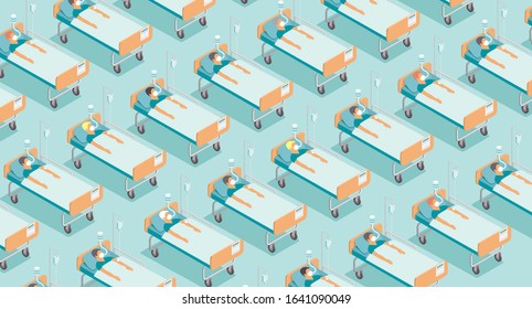 Coronavirus COVID-19 outbreak in Europe epidemic disease vector illustration. medical quarantine hospital full of people. Flat vector pattern