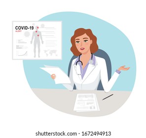 Coronavirus (COVID-19) outbreak and facts analysis. Female Doctor epidemiologist struggling to contain the spread. Infographics data. 